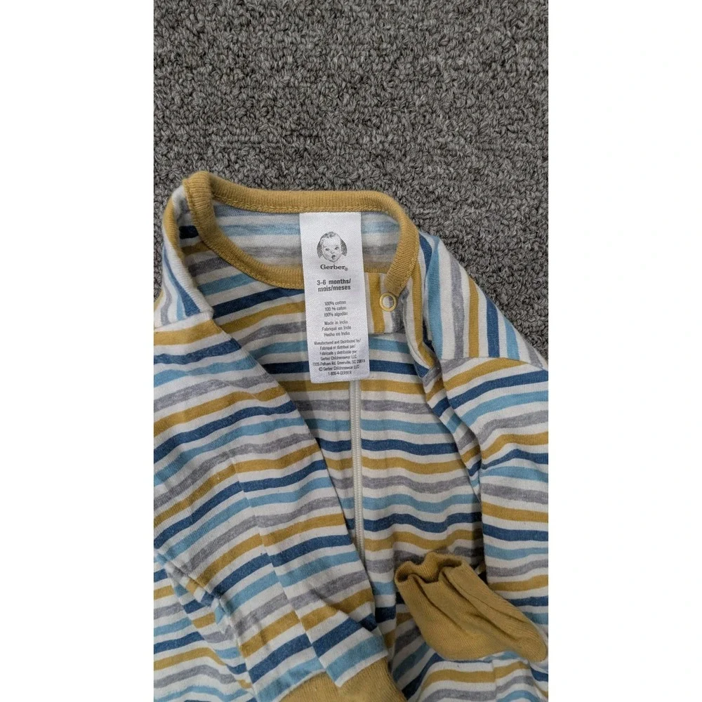 Gerber Baby‎ Boy Blue Yellow Striped Cotton Zip Front Sleep  Footie Pajama 3-6M